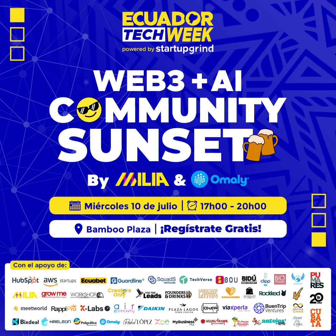 startupgrindgye's tweet photo. En conjunto con #EcuadorTechWeek, @WorkshopLat  y @omaly.ai, te invitamos a nuestro evento Community Sunset. ☀️

🎟️ Regístrate con tu correo empresarial en nuestra agenda de #EcuadorTechWeek y descubre todos los eventos que tenemos preparados para ti: https://t.co/SZymoilQVM https://t.co/JsBE1dbMUj