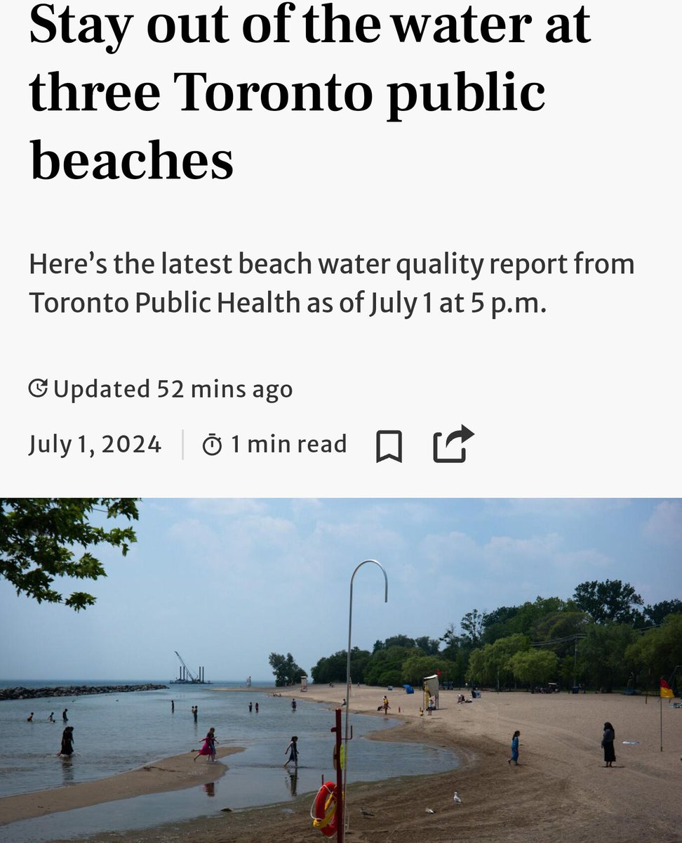 "Stay out of the water at three Toronto public beaches: Here’s the latest beach water quality report from Toronto Public Health as of July 1 at 5 p.m" Key/Balmy, Marie Curtis, &amp; Sunnyside

thestar.com/news/gta/beach…

#CSOs #SwimDrinkFish #0wasteTO

#CityofTO #TOcouncil