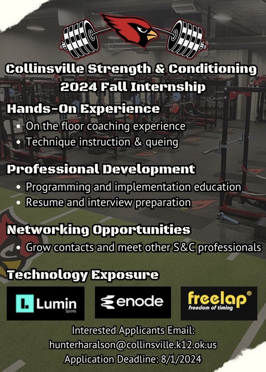 Fall Internship Opportunity!!!

Collinsville High School Strength and Conditioning department is seeking applications for volunteer coaches for Fall 2024. 

Application deadline: August 1st, 2024

Application must have resume, cover letter, and 3 references.