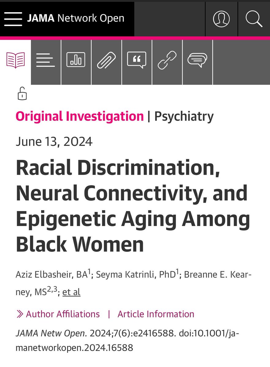 We have only a tip of the iceberg understanding  of how racism impacts Black health! This <a href="/JAMA_current/">JAMA</a> study shows an association w/ greater connectivity in brain pathways involved with rumination —&gt;increased vulnerability to stress disorders &amp; neurodegenerative disease…