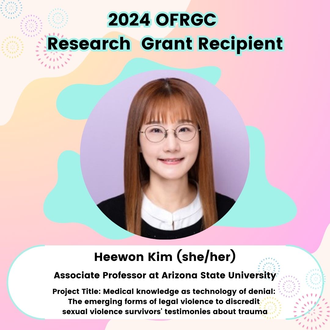 Congrats to Heewon Kim (she/her) at ASU on receiving the 2024 OFRGC Research Grant for her project, “Medical knowledge as technology of denial: The emerging forms of legal violence to discredit sexual violence survivors' testimonies about trauma.”

Find more info on IG <a href="/ofrgc_/">Org. for Feminist Research on Gender & Comm.</a>