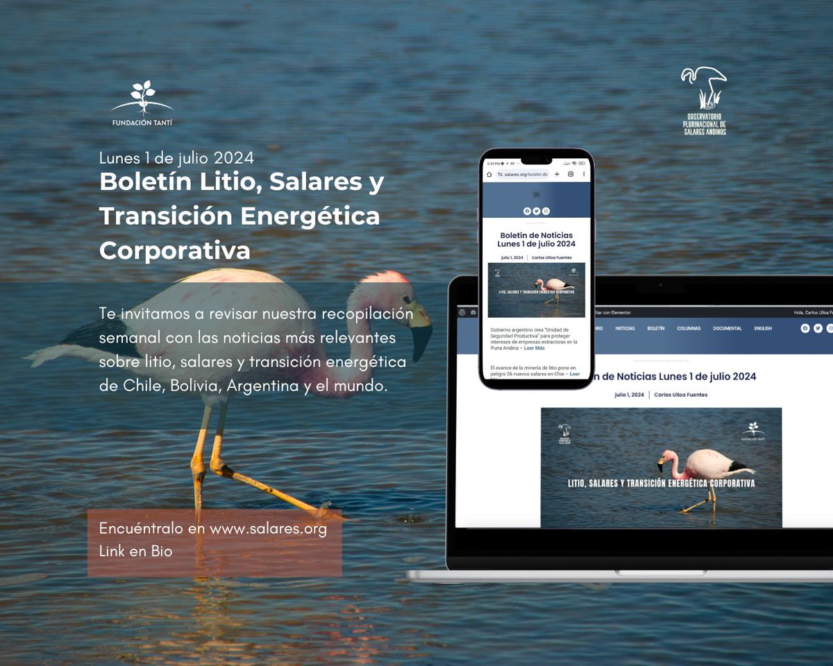 Observatorio Plurinacional de Salares Andinos (@opsal_) on Twitter photo Boletín de Noticias Litio, Salares y Transición Energética Corporativa. Lunes 1 de julio 2024. 👀salares.org/boletin-de-not… Boletín de Noticias Litio, Salares y Transición Energética Corporativa. Lunes 1 de julio 2024. 👀salares.org/boletin-de-not…