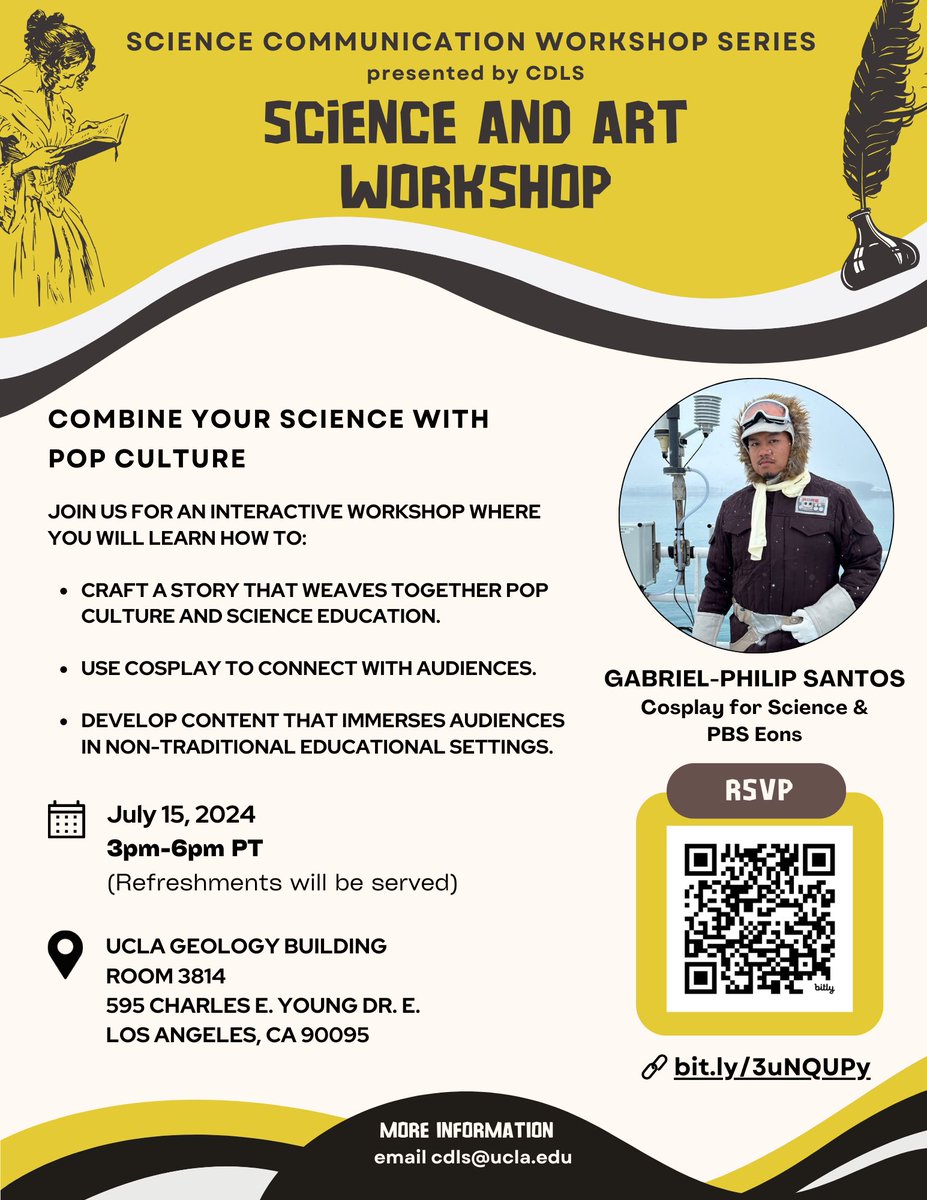 Our next workshop will take place on July 15, 2024 at 3pm-6pm PT and will focus on ‘Science and Art’ with guest speaker, Gabriel-Philip Santos from Cosplay for Science. 

Where: UCLA Geo 3814
RSVP here: bit.ly/3uNQUPy
Link to share: bit.ly/scw-sa

Team CDLS