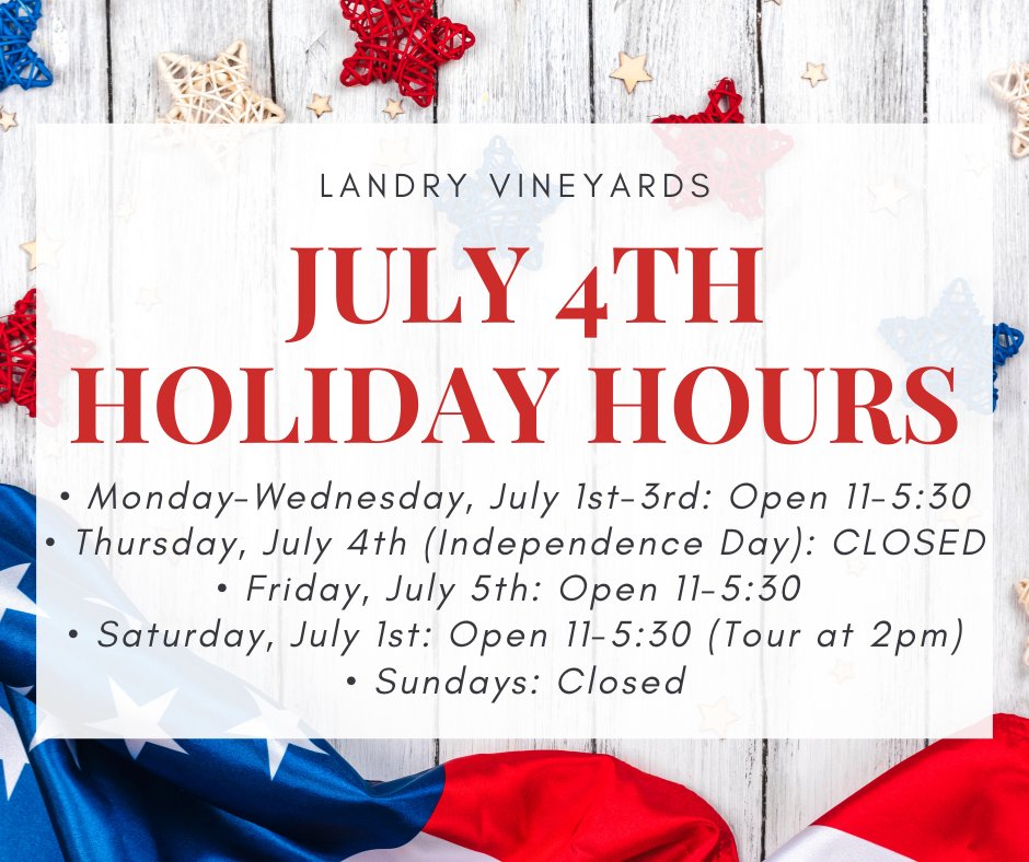 This week's hours❤️🤍💙

We are open Monday-Wednesday for wine tastings and purchasing.
We will be CLOSED THURSDAY, JULY 4TH, for Independence Day.
We will resume normal business hours on Friday, July 5th. 

Book the vineyard and winery tour on Saturday! bit.ly/4bHUFXg