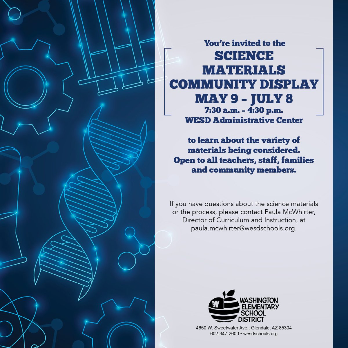 Attention, #WESDFamily! This is a reminder that the final day to review our science materials that are currently on display is next Monday, July 8. Please stop by the WESD Administrative Center, from 7:30 a.m. to 4:30 p.m. to learn more and provide your feedback. Thank you!