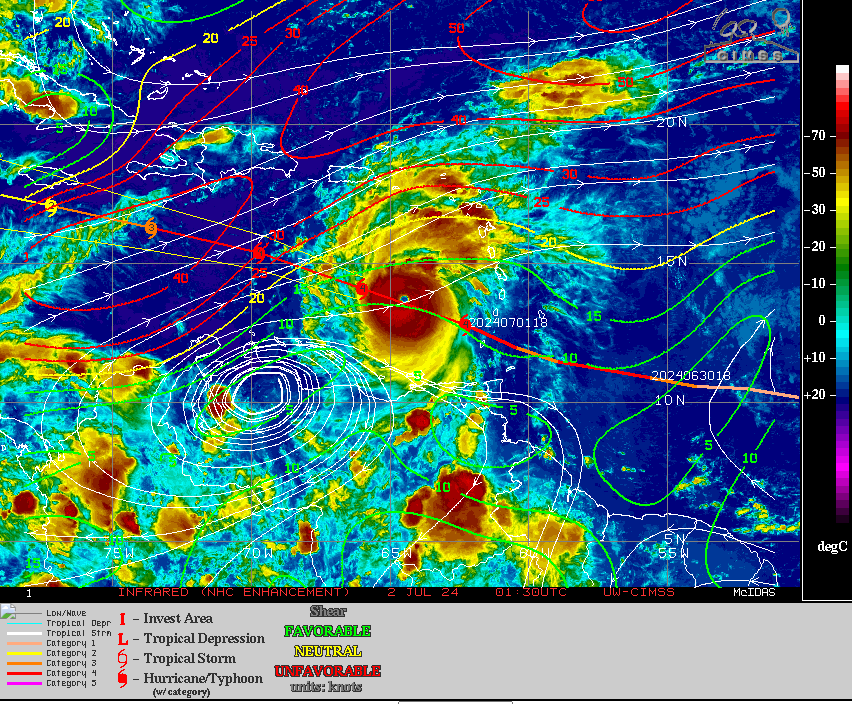 mattlanza's tweet image. As a prize for achieving cat 5 intensity, Beryl will now exit its pristine environment for intensification and move into an environment with 20 to 40 knots of wind shear.