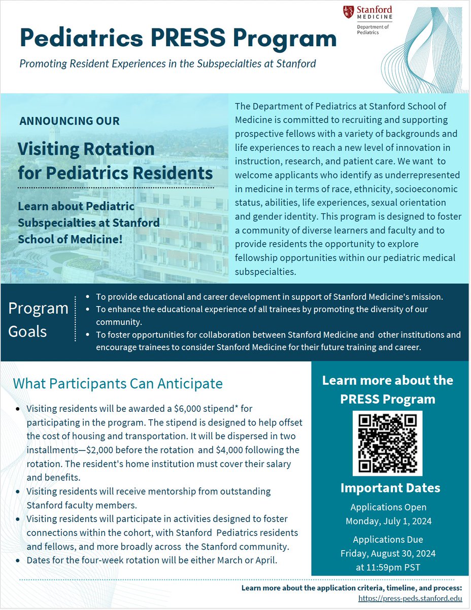 Sara Kibrom, MD (@kidneydoc_sara) on Twitter photo Considering #peds fellowship? Check out PRESS program <a href="/StanfordChild/">Stanford Children's</a> 🏥
📅4-week Pediatric subspecialty rotation, 15+ subspecialties 🫘🫁💩🫀🩸🩺💊
💲Funds for housing and living expenses
👥UIM faculty mentorship
🥳<a href="/StanfordODME/">Stanford Office of Diversity In Medical Education</a> networking/socializing twtr.to/eqXvV Considering #peds fellowship? Check out PRESS program <a href="/StanfordChild/">Stanford Children's</a> 🏥
📅4-week Pediatric subspecialty rotation, 15+ subspecialties 🫘🫁💩🫀🩸🩺💊
💲Funds for housing and living expenses
👥UIM faculty mentorship
🥳<a href="/StanfordODME/">Stanford Office of Diversity In Medical Education</a> networking/socializing twtr.to/eqXvV