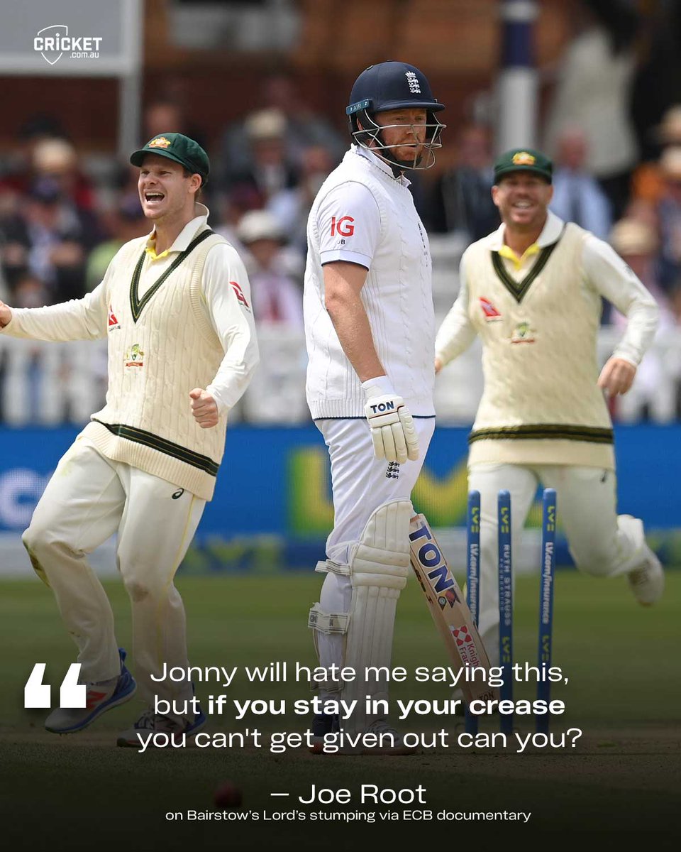 cricketcomau's tweet photo. A year to the day since Jonny Bairstow left his crease at Lord's and a new ECB documentary reveals what his teammates really thought 👀 #Ashes https://t.co/1hTw84wIi8