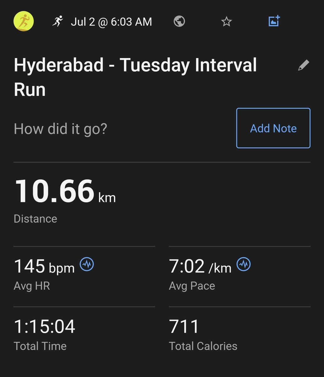 databaaj's tweet photo. #TuesdayIntervalRun of 10.66 Kms targeting intervals at a pace of < 4:15. Empty stomach, barefoot.
(WU): 3 Kms
11 x (200 m run + 100 m rest)
(CD): 4.36 Kms
No hydration due to excellent weather!
Had skipped last week due to R&R.
#Pledge24 #ARStats2024 #RunningTwitter https://t.co/JmoEeGiAgr