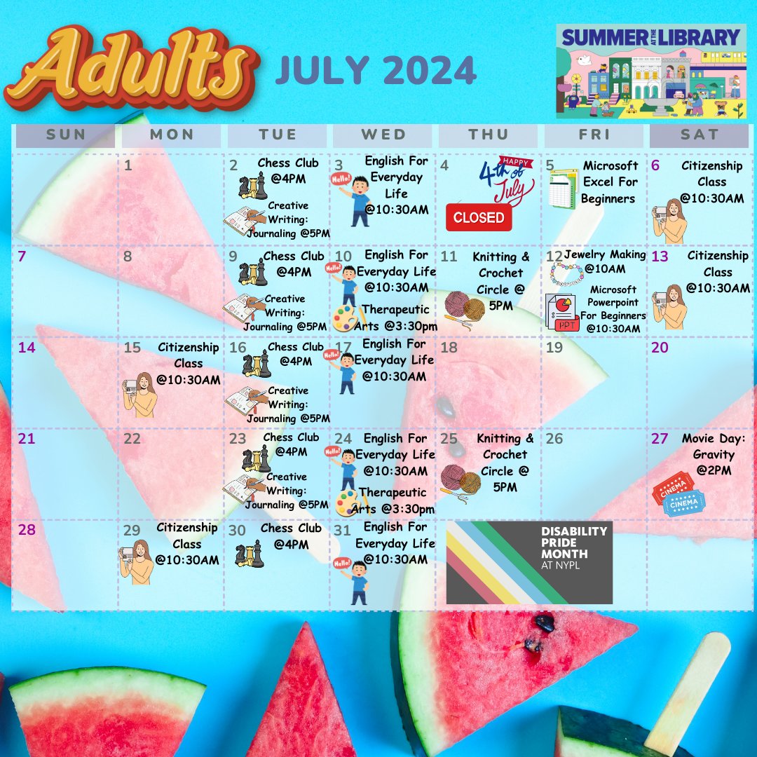 Happy July Everyone! We have amazing programs for every age to make your summer fun! 
Learn a new skill or enjoy some crafts! Only At Parkchester Library!
#NYPL #ParkchesterLibrary #Programs #SummerAtTheLibrary #July