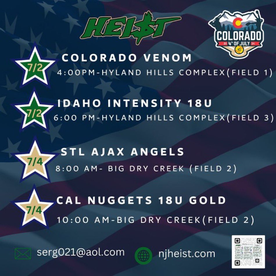 Here is the NJ Heist Gold schedule for this week at the Colorado Sparkler.