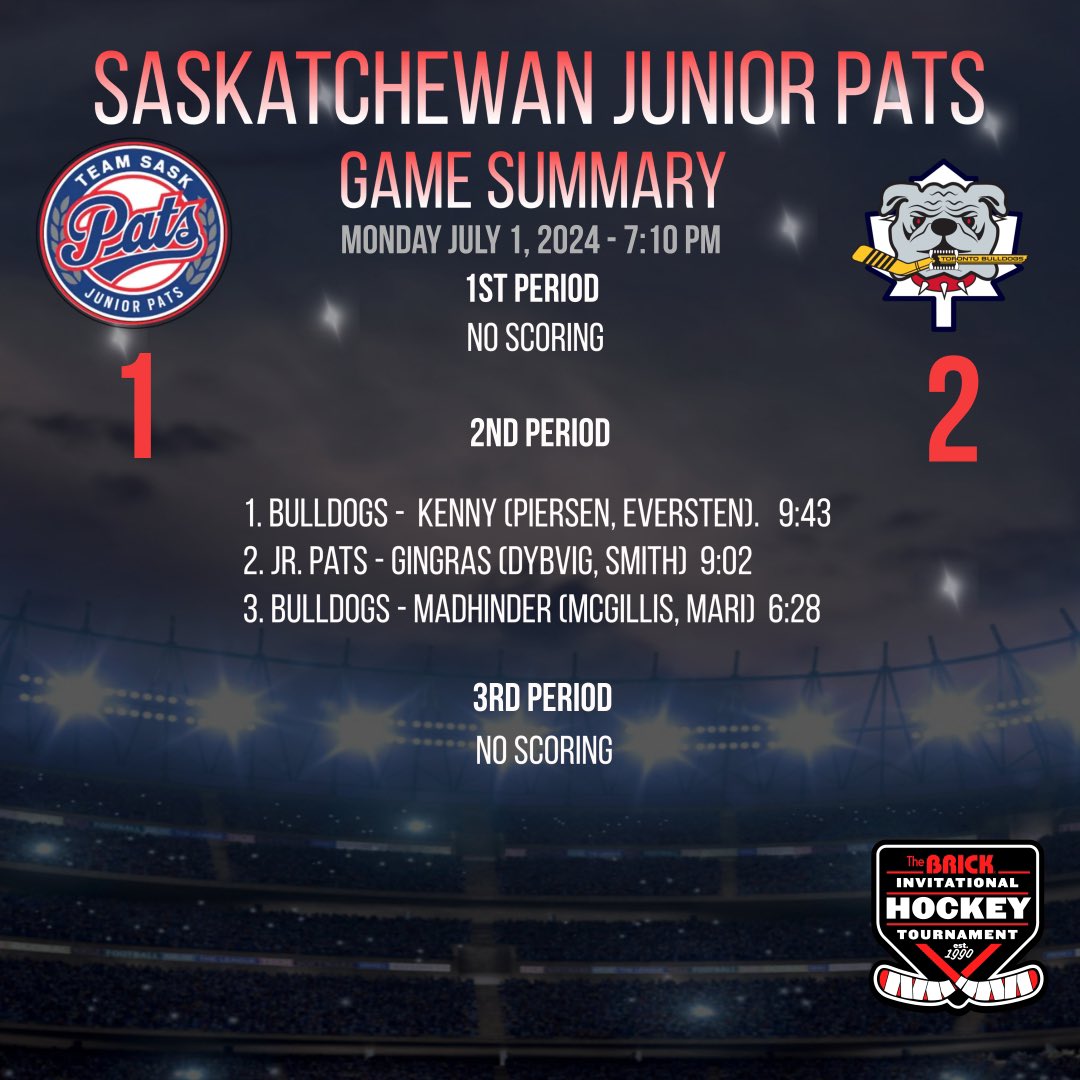 The Jr Pats drop their opening game to the Toronto Bulldogs in a hard fought battle. This one ends in with the Bulldogs on top 2-1