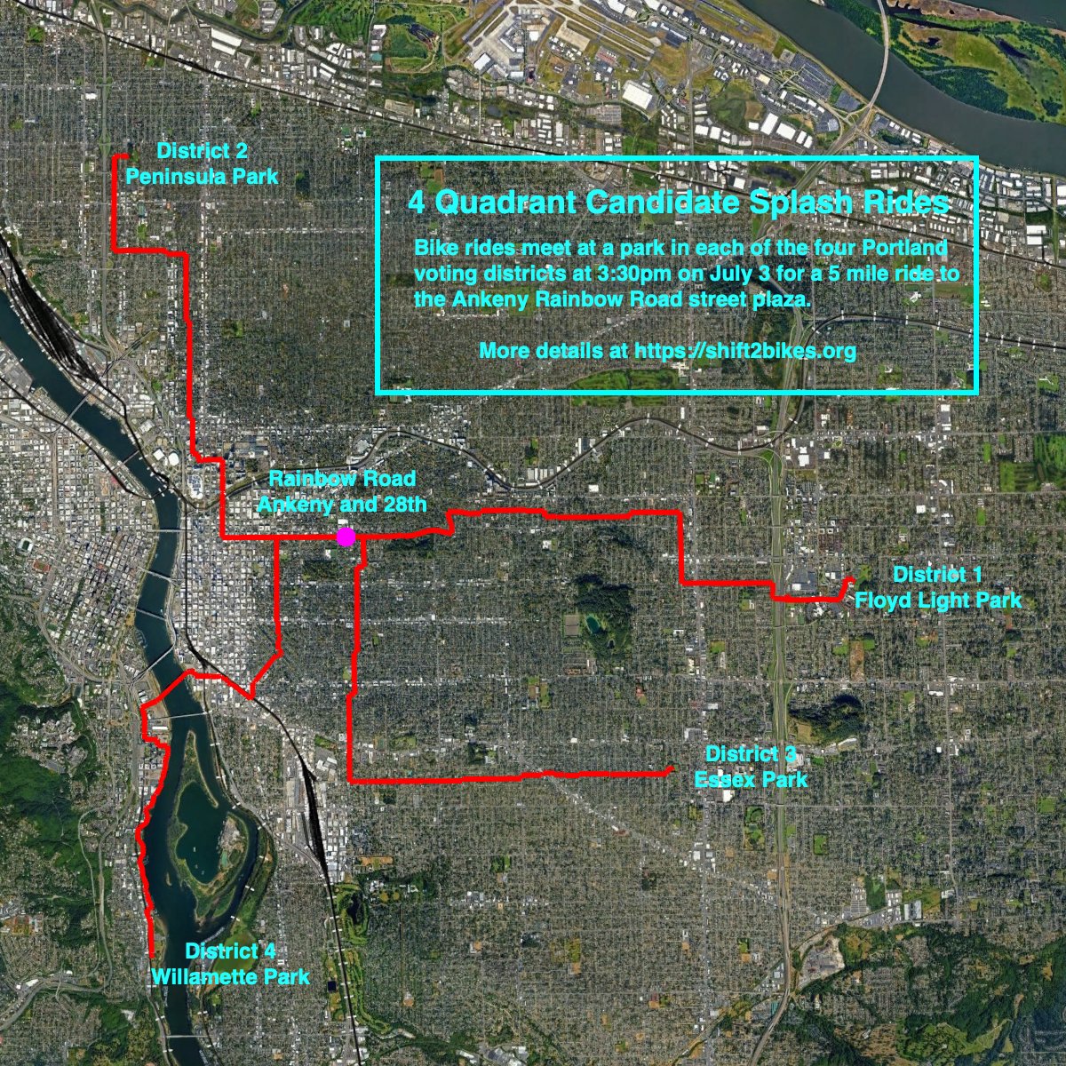 Four Quadrant Candidate Splash Ride this Wednesday, July 3 at 3:30pm. Four feeder rides start in each of the new city council voting districts. Meet and hear from local candidates for City Council, enjoy an easy 5 mile bike ride, and then we'll ride to the river for a swim!