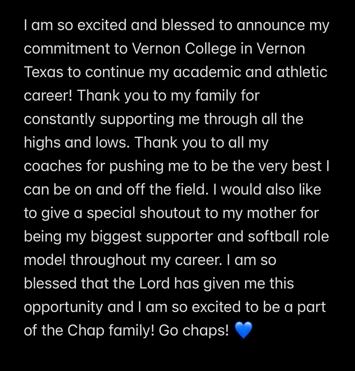 Committed!!

I am so grateful for the support from my family, friends, and coaches! I would like to thank <a href="/CoachLipscomb11/">Lyndsey Lipscomb</a> for this opportunity! Excited to call Vernon my future home! Go chaps! 💙 <a href="/vernoncollegesb/">Vernon College Softball</a>