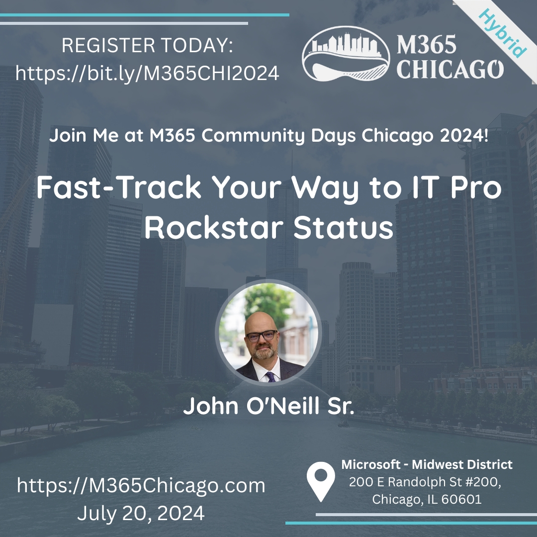 Unlock the secrets of seasoned IT pros! Join @johnoneillsr as he shares 35+ years of IT wisdom, packed into one session. From server to network management, discover the tools to supercharge your workflow! #M365Chicago #M365 #CommunityLuv #CommunityRocks bit.ly/3ViTarb
