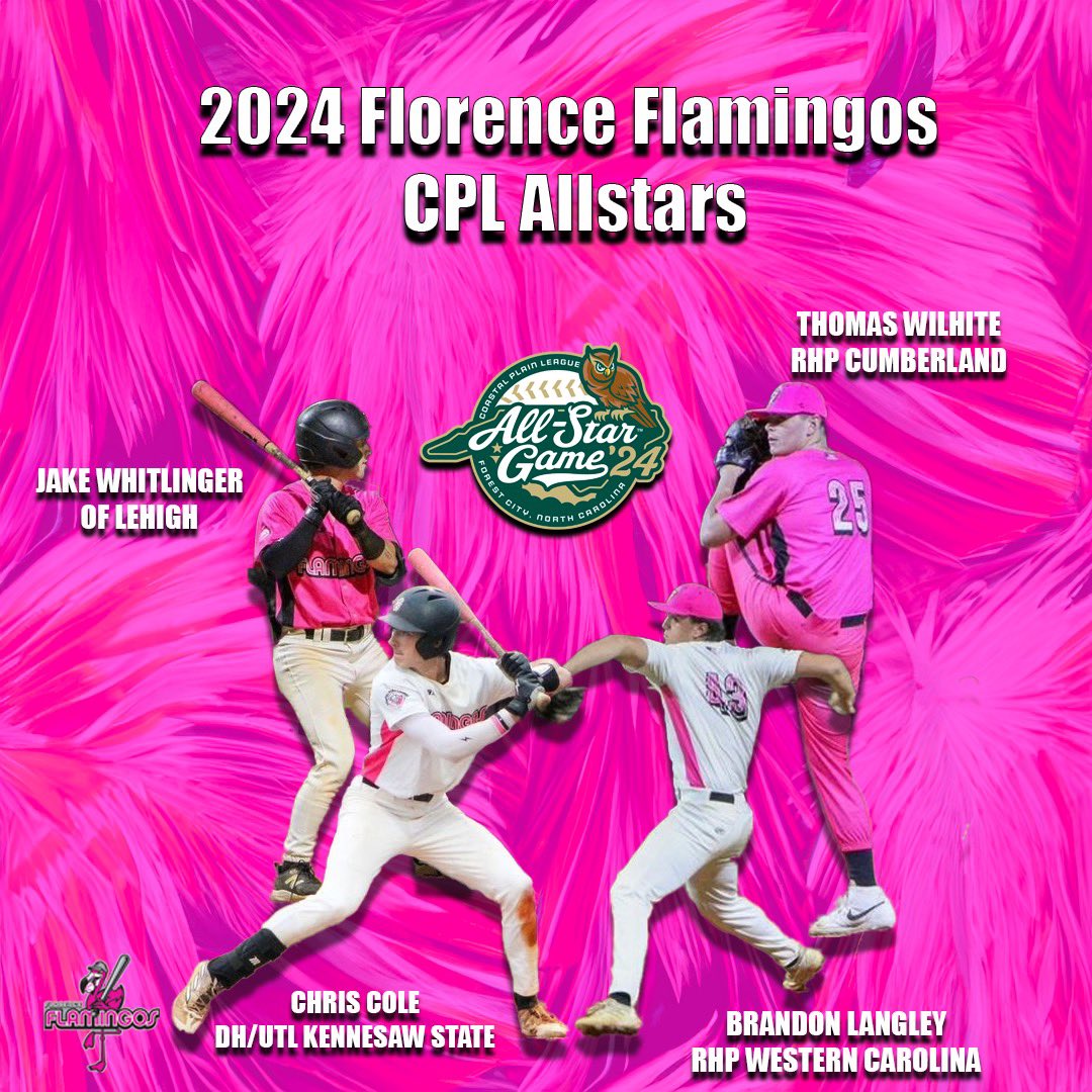 Check out our FOUR flamazing players selected to play at the CPL All Star game this year🤩🦩⚾️ These Flamingos will play on the West team next weekend in Forest City! 

#FlockOn #FlockIsHot