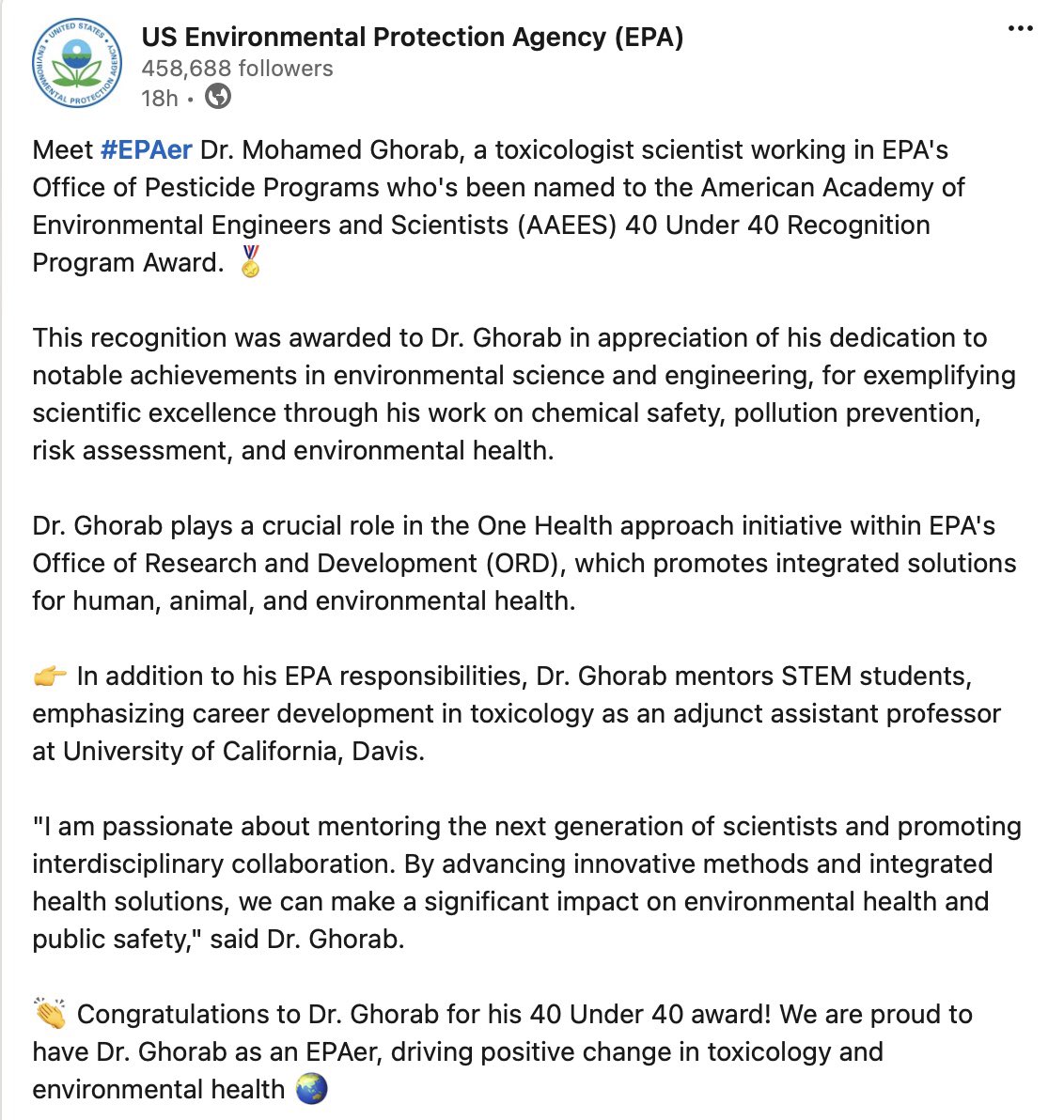 DrMGhorab's tweet image. I am so honored and privileged to be a part of the EPA Scientists and Researchers community. Together, we are committed to advancing environmental science and making a positive impact on our planet.#EPA @EPA
linkedin.com/posts/us-epa_e…