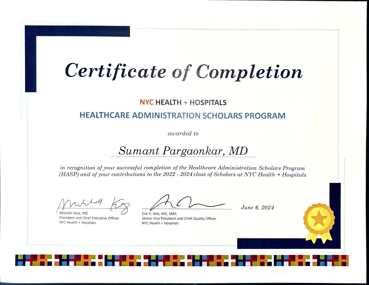 Sumant_rp's tweet photo. Thrilled to announce the completion of the HASP fellowship @NYCHealthSystem. Learned invaluable lessons in QI & Hospital Administration while working on a CCU project to reduce LoS. Grateful to my mentors, @KomalBajajMD & @AndrewGutwein for this opportunity during my residency. https://t.co/MwxoPF9fC4