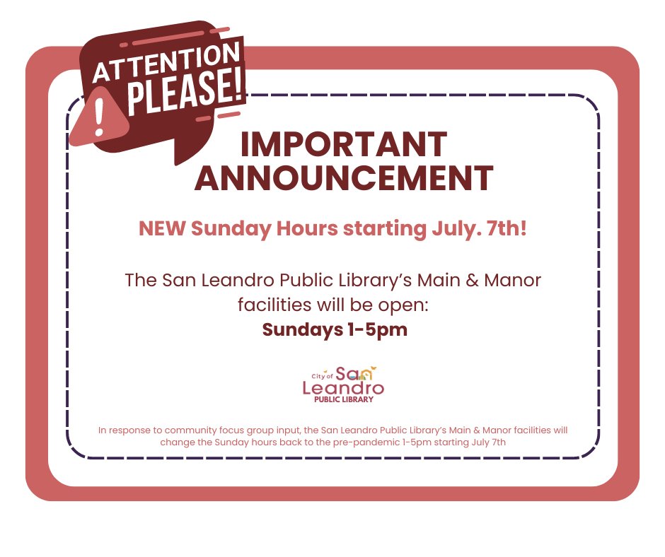 CitySanLeandro's tweet image. Exciting news! 📚 Starting Sunday July 7th, both the Main Public Library and Manor facilities will be open from 1-5 p.m. Come enjoy a cozy afternoon of reading, learning, and exploring with us! See you there! 🌞 #LibraryHours #CommunityLove&quot;