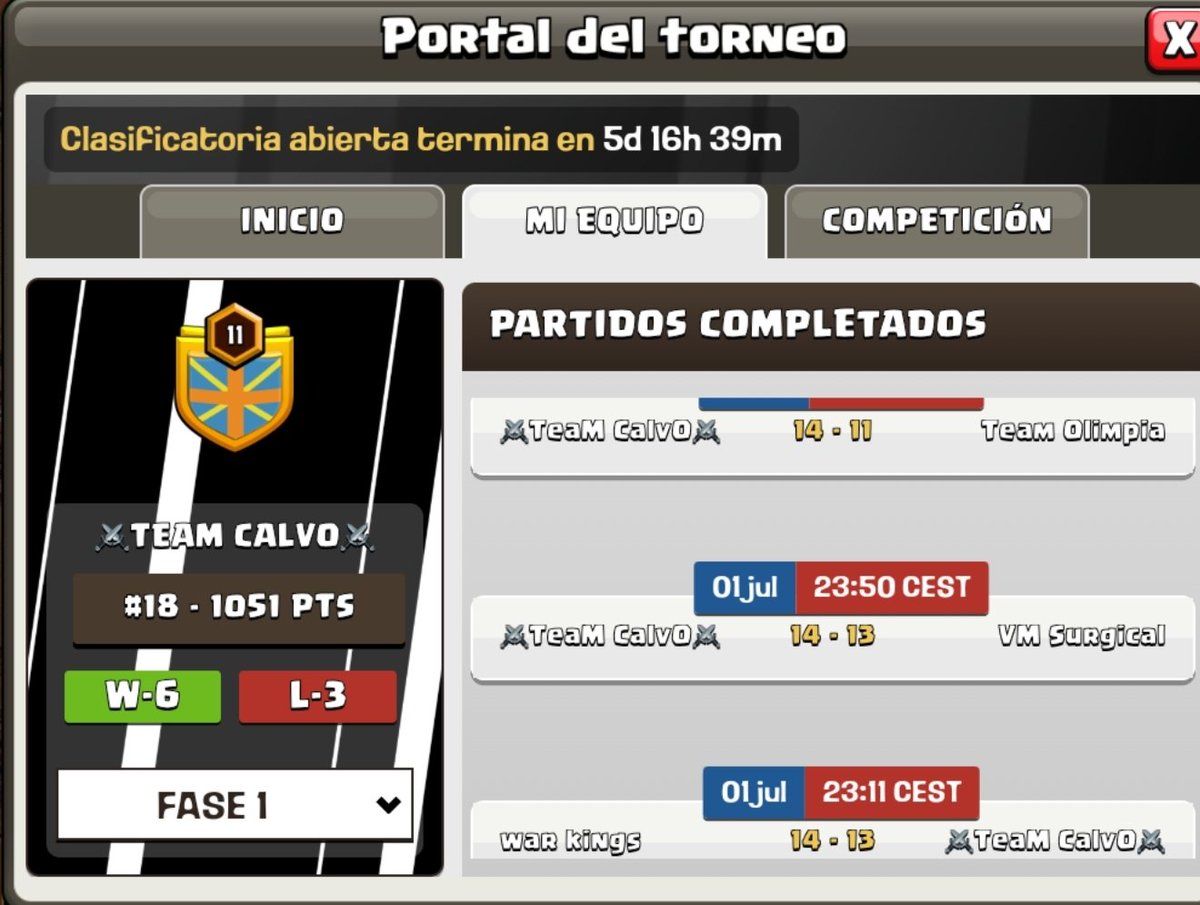 Primer día de Clasificatorios...
Nada mal y encima atacando en directo, y llevándonos por delante a clanes fuertes eh....
Mañana mas y mejor desde las 7 de la tarde....