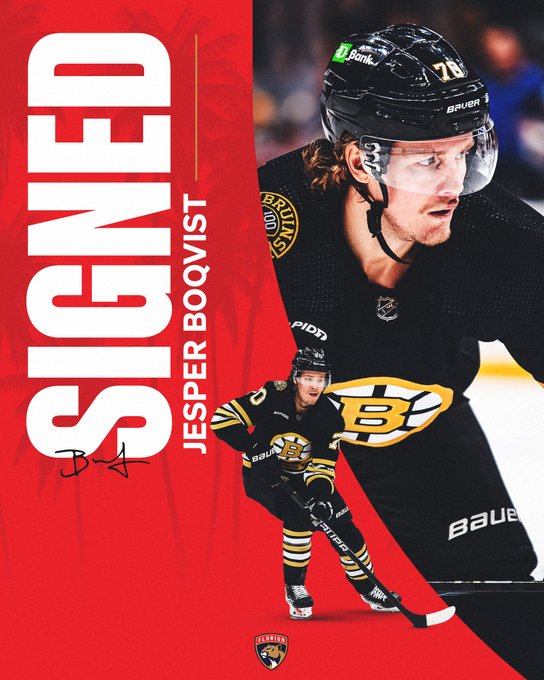 Red graphic with "SIGNED" and "Jesper Boqvist" in uppercase white letters along the left side. His signature is in black at the bottom.

On the left, a photo of Jesper in a Boston Bruins jersey along with an action photo of him skating. He is wearing a black Boston uniform in both.
