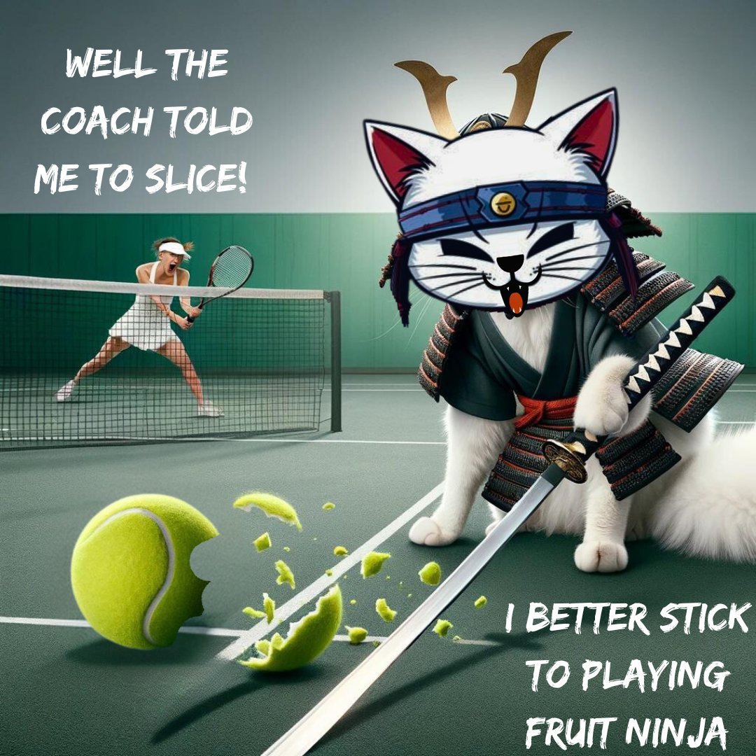acedynamoCHW's tweet photo. When the coach told @Neko_onbase to slice, they might have taken it too literally! 🍣🎾

Maybe $NEKO warriors should stick to Fruit Ninja. 😹

#TennisFail  #FruitNinja #CatHumor #Wimbledon #Wimbledon2024 https://t.co/A4wTWSGExw