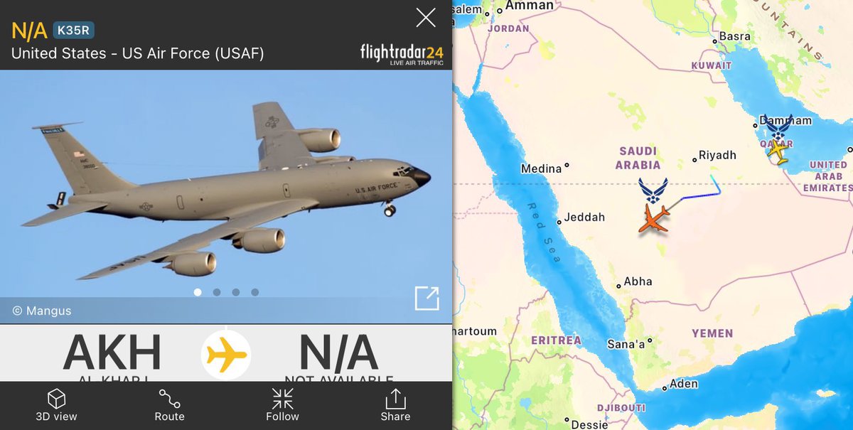 بيانات مواقع متخصصة في الملاحة الجوية تظهر انطلاق طائرة أمريكية مخصصة لتزويد الطائرات الحربية بالوقود في الجو، من قاعدة "الأمير سلطان" الجوية #السعودية، باتجاه #البحر_الأحمر..

اما حان الوقت لتأديب السعودية اليهودية؟؟