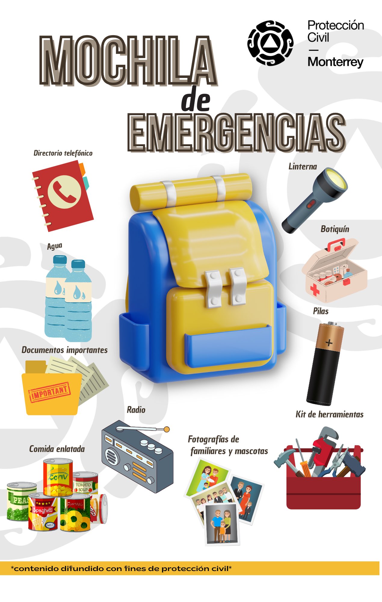 Proteccion Civil Monterrey on X PREPARA TU MOCHILA DE EMERGENCIA Y MANTENTE INFORMADO MEDIANTE FUENTES OFICIALES. SI TE ENCUENTRAS EN UNA EMERGENCIA LLAMA AL 9 1 1 https t RFw8BwPqHR X