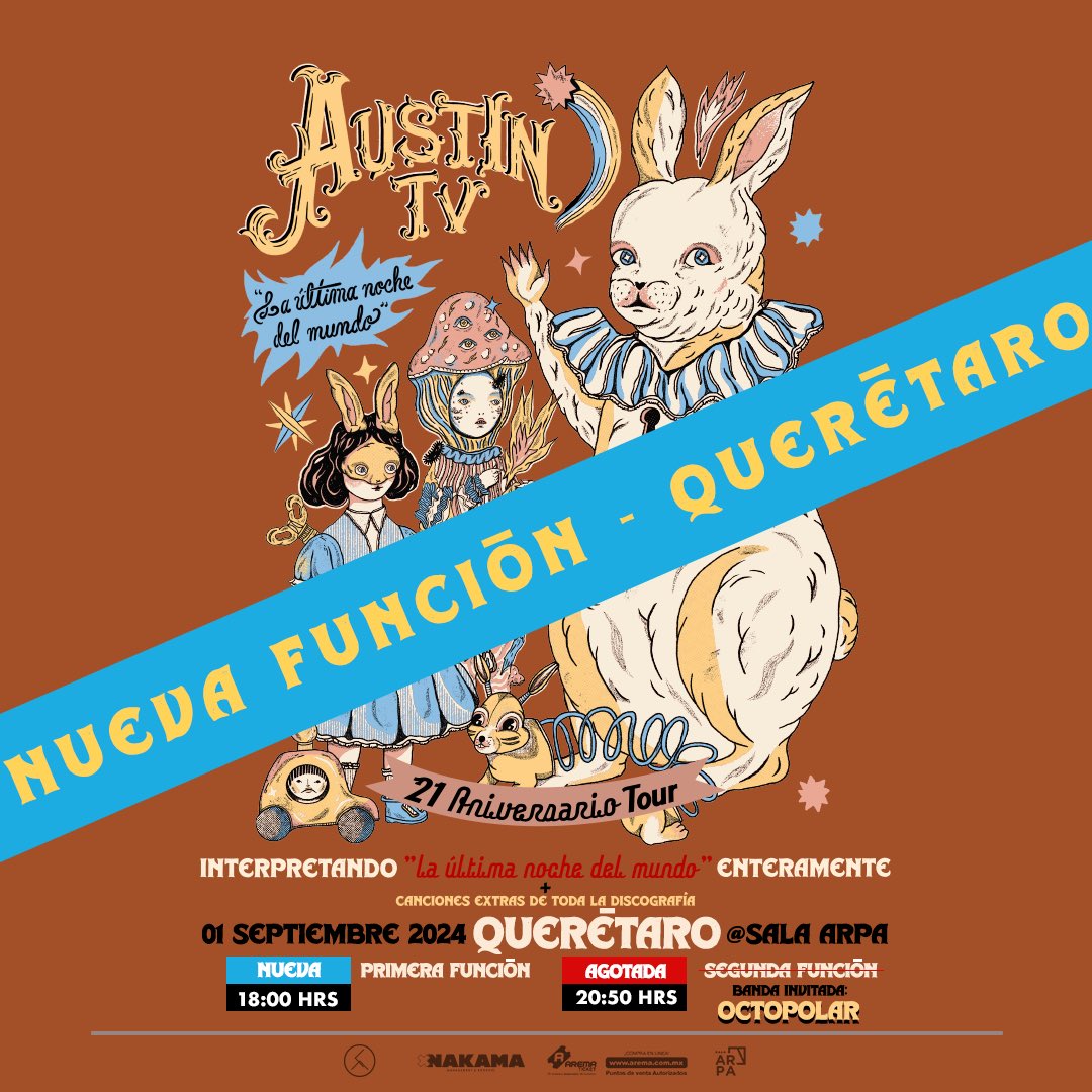 🐰🪄 NUEVA FECHA ⚠️
Querétaro, abrimos una segunda función para verles a todxs el 01 de Septiembre en Sala Arpa. 🩵

Los boletos ya están disponibles: arema.mx/e/12607
 ⭐️

Muchas gracias por el apoyo, ya queremos que empiece el tour! ✨

#AustinTV #LaÚltimaNocheDelMundo