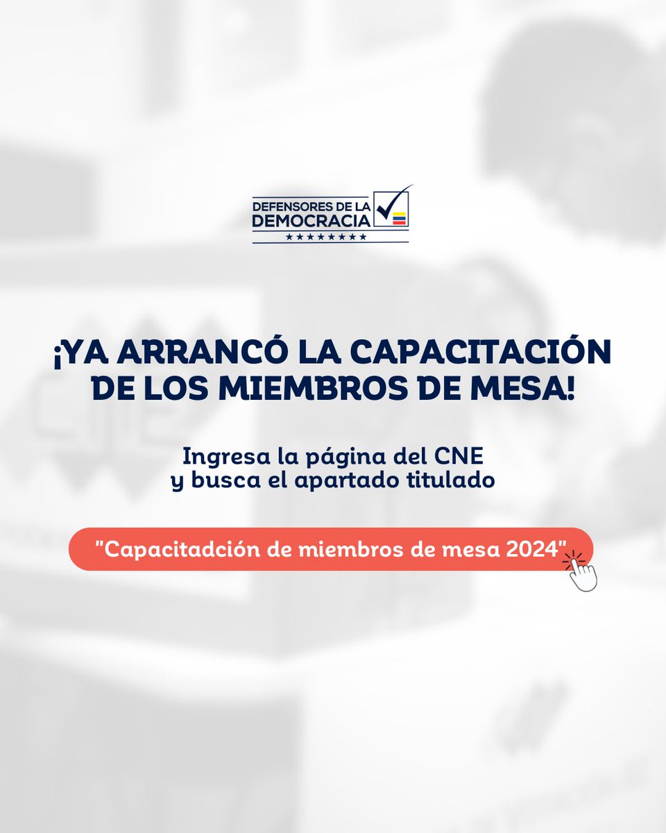 ¡YA ARRANCÓ LA CAPACITACIÓN DE LOS MIEMBROS DE MESA! 🗳️📚 

Ingresa a la página del CNE y busca el apartado titulado ‘Capacitación de miembros de mesa 2024’.

¡Prepárate para ser parte activa en el proceso democrático! 💪🇻🇪