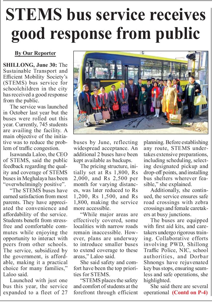 STEMSMeghalaya's tweet image. The headline says it all. Parents and students are loving the convenience and benefits of our school bus service - Read about all the progress we have made and the plans ahead on The Shillong Times.

#theshillongtimes #headlines #positiveresponse
