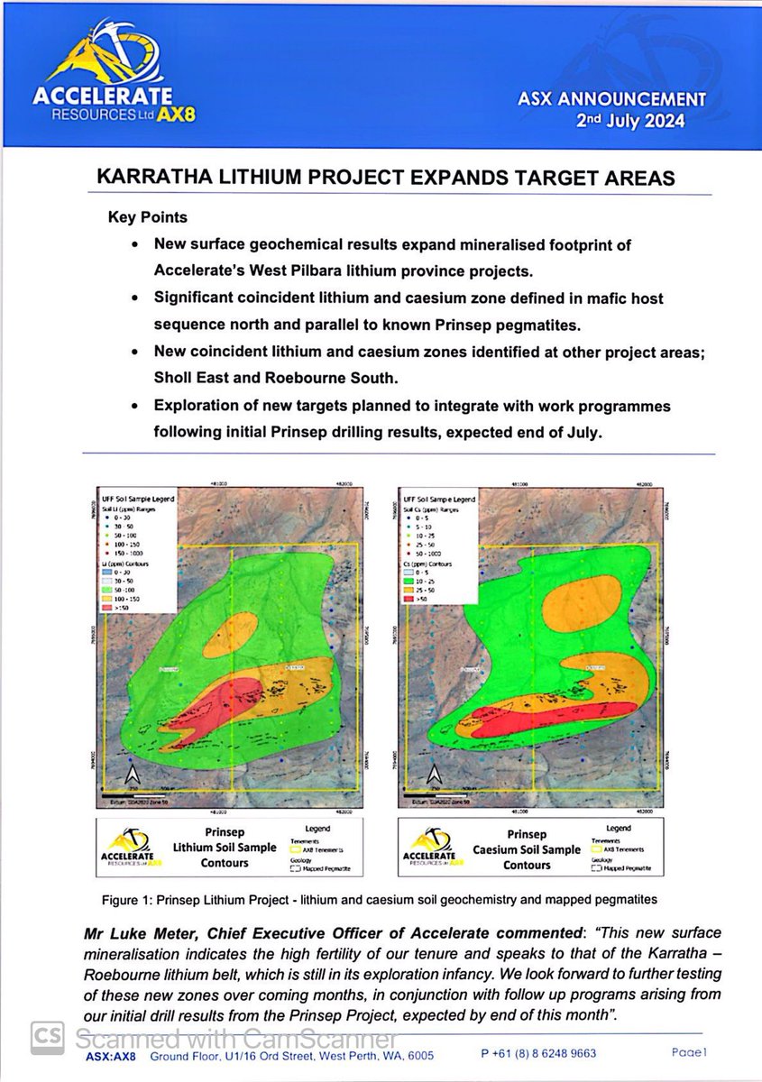 SalvadorMaurice's tweet image. $AX8 #AX8

New surface geochemical results expand mineralised footprint of
Accelerate's West Pilbara #lithium province projects.

Significant coincident #lithium and caesium zone defined in mafic host sequence north and parallel to known Prinsep pegmatites 👇👇
