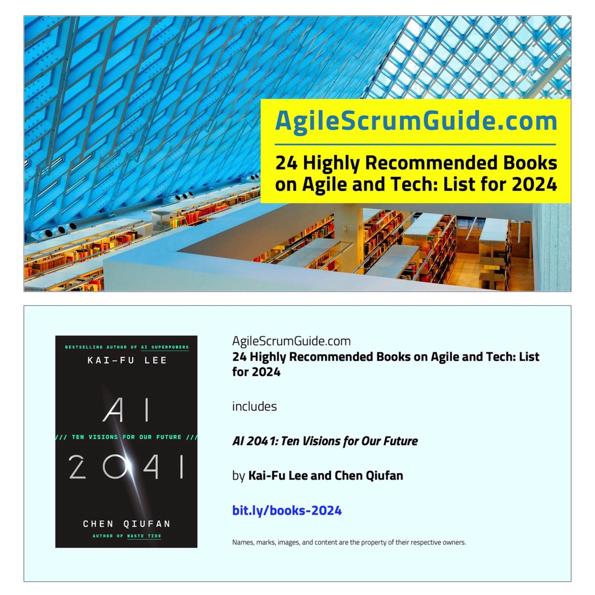 AgileScrumGuide's tweet photo. 24 Highly Recommended Books on Agile and Tech includes AI 2041: Ten Visions of Our Future
Details: https://t.co/y0RHEVJmWJ
#AI #AGI #ML #Future #Agile #Tech #Books #AIBooks #MLBooks #AI2041 #TenVisionsOfOurFuture #AgileScrumGuide