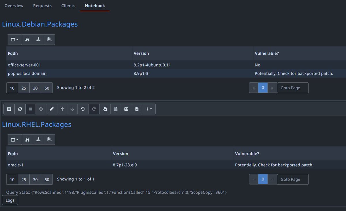 Wes Lambert (@therealwlambert) on Twitter photo Quick and dirty VQL to search for hosts potentially vulnerable to #OpenSSH #regreSSHion 🐛#CVE20246387 in <a href="/velocidex/">Velociraptor</a> #velociraptor🔍🦖
gist.github.com/weslambert/589…
Use when hunting with with Linux.Debian.Packages and Linux.RHEL.Packages
docs.velociraptor.app/artifact_refer…
#DFIR
#Infosec Quick and dirty VQL to search for hosts potentially vulnerable to #OpenSSH #regreSSHion 🐛#CVE20246387 in <a href="/velocidex/">Velociraptor</a> #velociraptor🔍🦖
gist.github.com/weslambert/589…
Use when hunting with with Linux.Debian.Packages and Linux.RHEL.Packages
docs.velociraptor.app/artifact_refer…
#DFIR
#Infosec