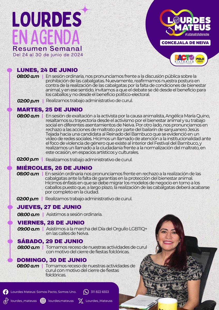 Lourdes_Mateuss's tweet photo. #LourdesEnAgenda || ¡Feliz fin de puente festivo! 🌅
Les compartimos nuestra agenda de trabajo del 24 al 30 de junio de 2024. 📒🤓
#LourdesMateusConcejala 🤰🏻💚
#NuncaMásSinNosotras 💜
#Neiva #Huila #ConcejoDeNeiva https://t.co/AbedgMcdsp