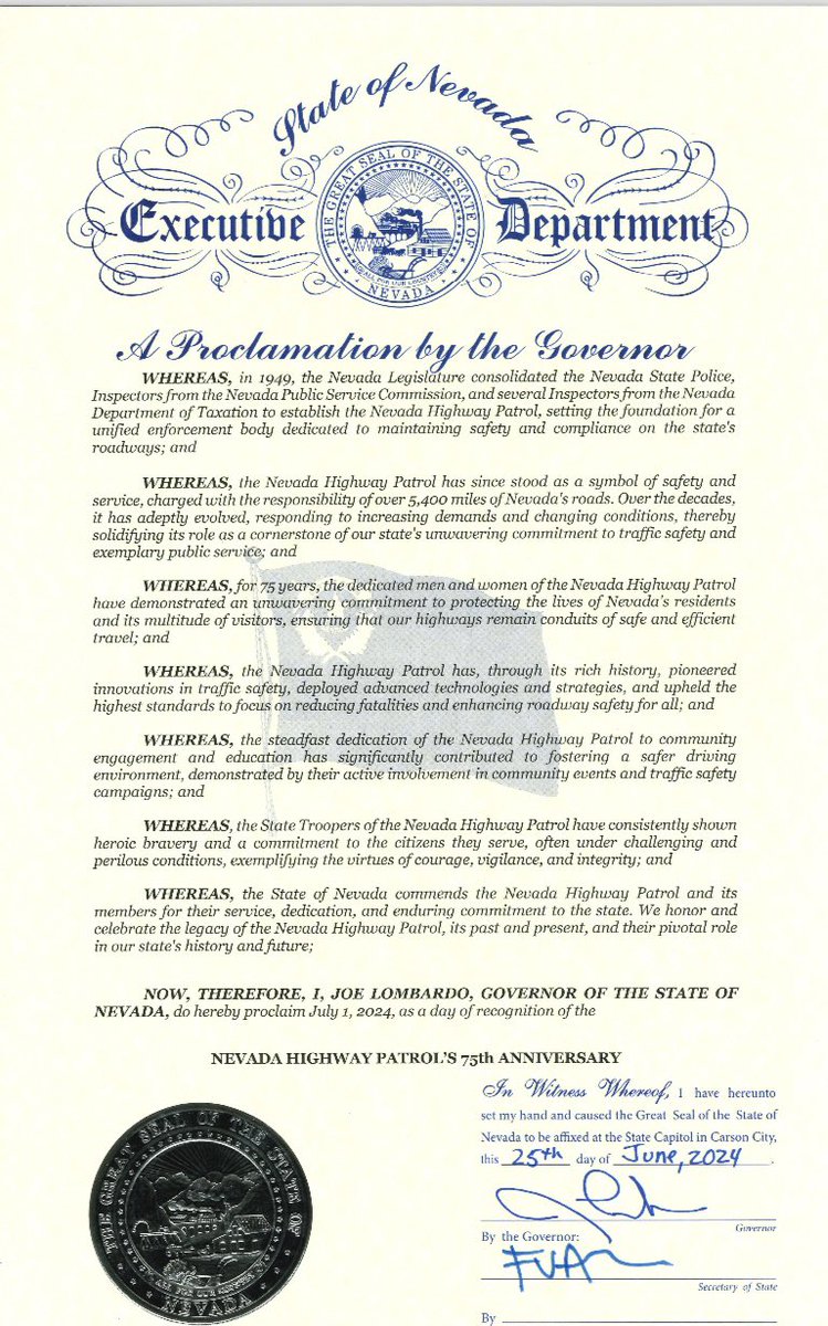 Today, we celebrate 75 years of the Nevada Highway Patrol. Our State Troopers have shown heroic bravery and unwavering commitment by protecting Nevadans and visitors alike, ensuring our highways remain conduits for safe and efficient travel.