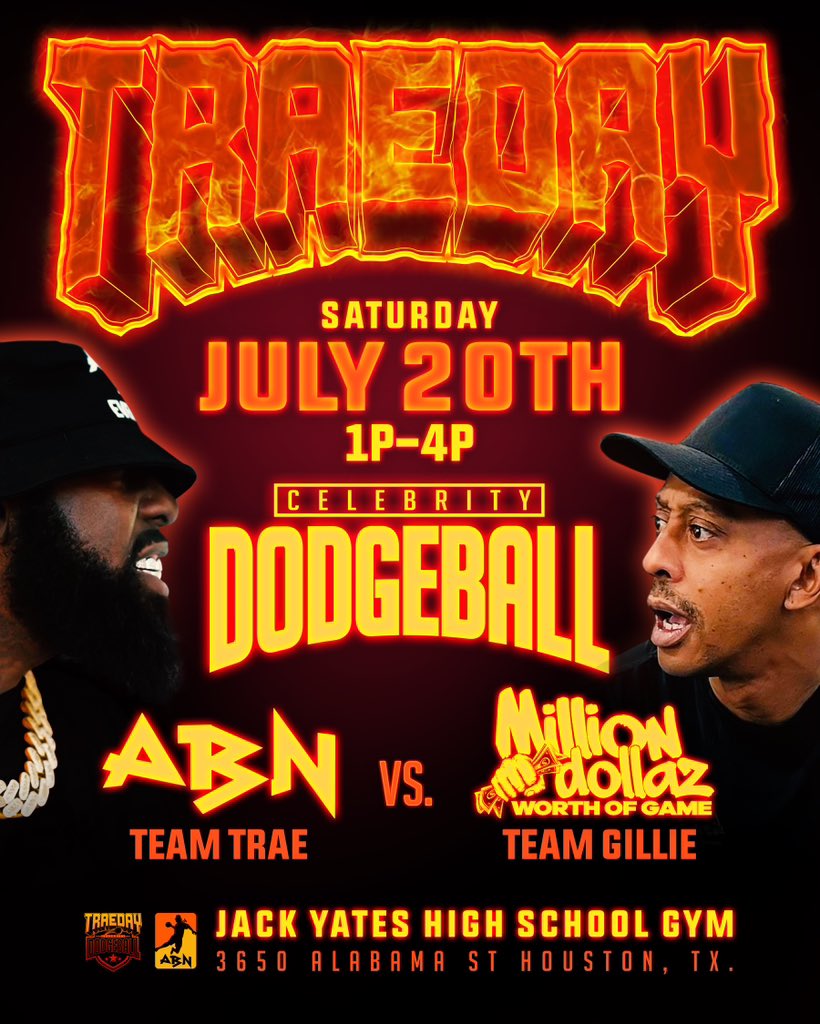 TRAEABN's tweet photo. HOUSTON TEXAS !! This Gone Be One For The Books… 😈 Me vs @gilliedaking For Our Annual #TraeDayWeekend Celebrity DodgeBall Event💨💨🤘🏿🤘🏿 Houston Vs. Philly …. We Gone Have To Make A Friendly Bet Gill 🤣😂🤣 SATURDAY JULY 20th @ Jack Yates High School at 1pm!!! https://t.co/i4Jss6rbqx