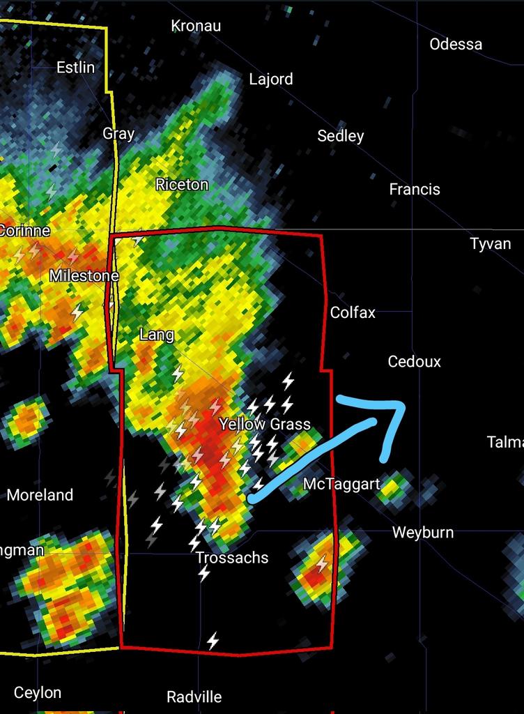 555 PM CST: TORNADO WARNING for RMs of Scott and Brokenshell.

Storm is moving NE toward Yellow Grass and could also impact McTaggart. 

Folks in Weyburn should also be on alert, as it likely will pass just to your NW

Seek shelter now #skstorm