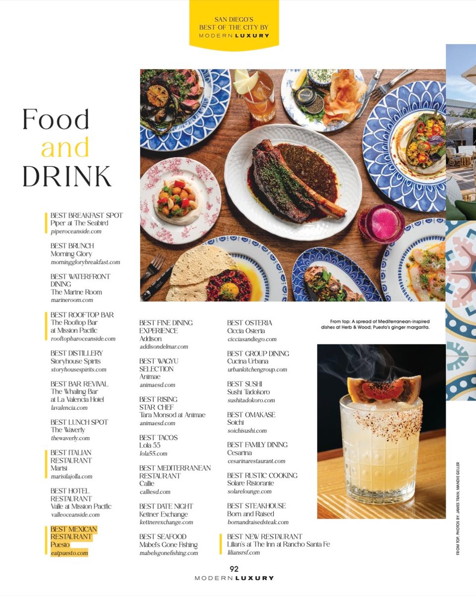 Honored to be awarded BEST MEXICAN RESTAURANT in <a href="/modernluxurysd/">Modern Luxury San Diego</a>'s Best of the City 2024! 

Thank you to our guests and community for your continued support year after year. Also, love seeing our Italian cousin right alongside us <a href="/marisilajolla/">Marisi La Jolla</a> 🍝