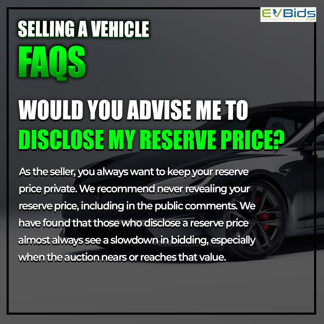 EVBids's tweet image. Thinking of selling your vehicle on EV Bids? Keep your reserve price private. Disclosing it can slow down bidding, especially as the auction nears your set value. 

Join EV Bids and sell your vehicle now! 

#SellYourCar #EVMarketplace #AuctionTips #EVBids