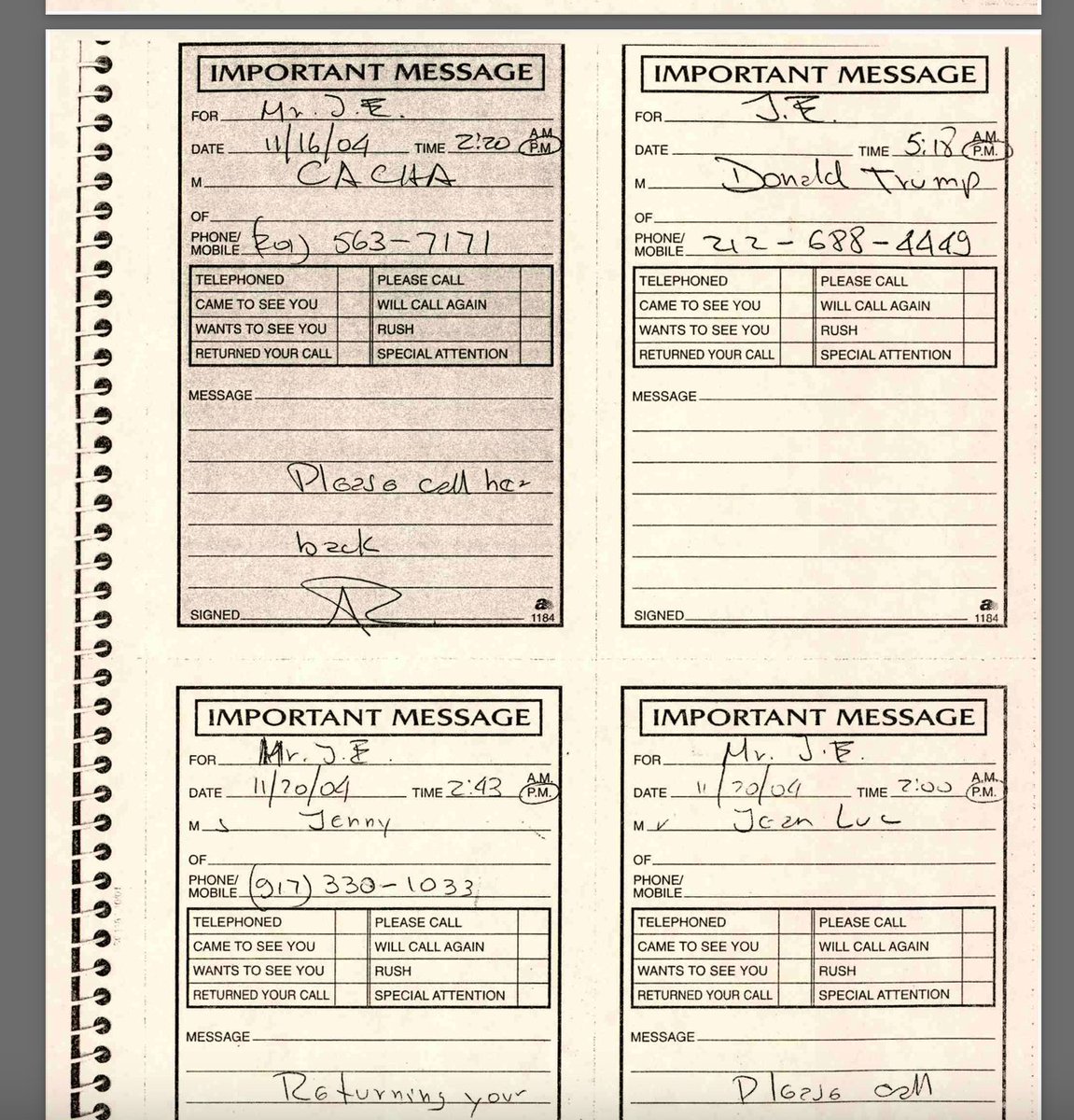 Prior to marrying Melania in January 2005, Trump was calling Jeffrey Epstein in 2004 on the regular.

We see Donalds phone messages in the West Palm Beach indictment of Epstein, released today. His messages are in between girls calling to confirm “massage appointments” and