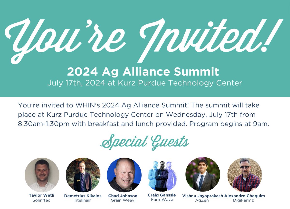 Wabash Heartland Innovation Network- WHIN (@whinnetwork) on Twitter photo 🚨 Our 2024 Ag Summit is coming up on Wednesday, July 17th at Kurz Purdue Technology Center! Register today to claim your spot: link.whin.org/2024AgSummit
We look forward to seeing you! 🚨 Our 2024 Ag Summit is coming up on Wednesday, July 17th at Kurz Purdue Technology Center! Register today to claim your spot: link.whin.org/2024AgSummit
We look forward to seeing you!