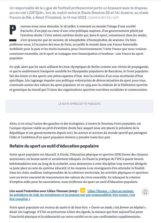 AeepsIDF's tweet photo. ❝ L’extrême droite dans le sport, notamment dans les stades, n’est synonyme que de racisme, de xénophobie, d’homophobie, de sexisme. ❞

📰  Tribune d'un collectif réunissant élus, associations, sportifs et enseignants, à retrouver dans @lemondefr : https://t.co/3sR7ksT818 https://t.co/2uUpSNB2ts