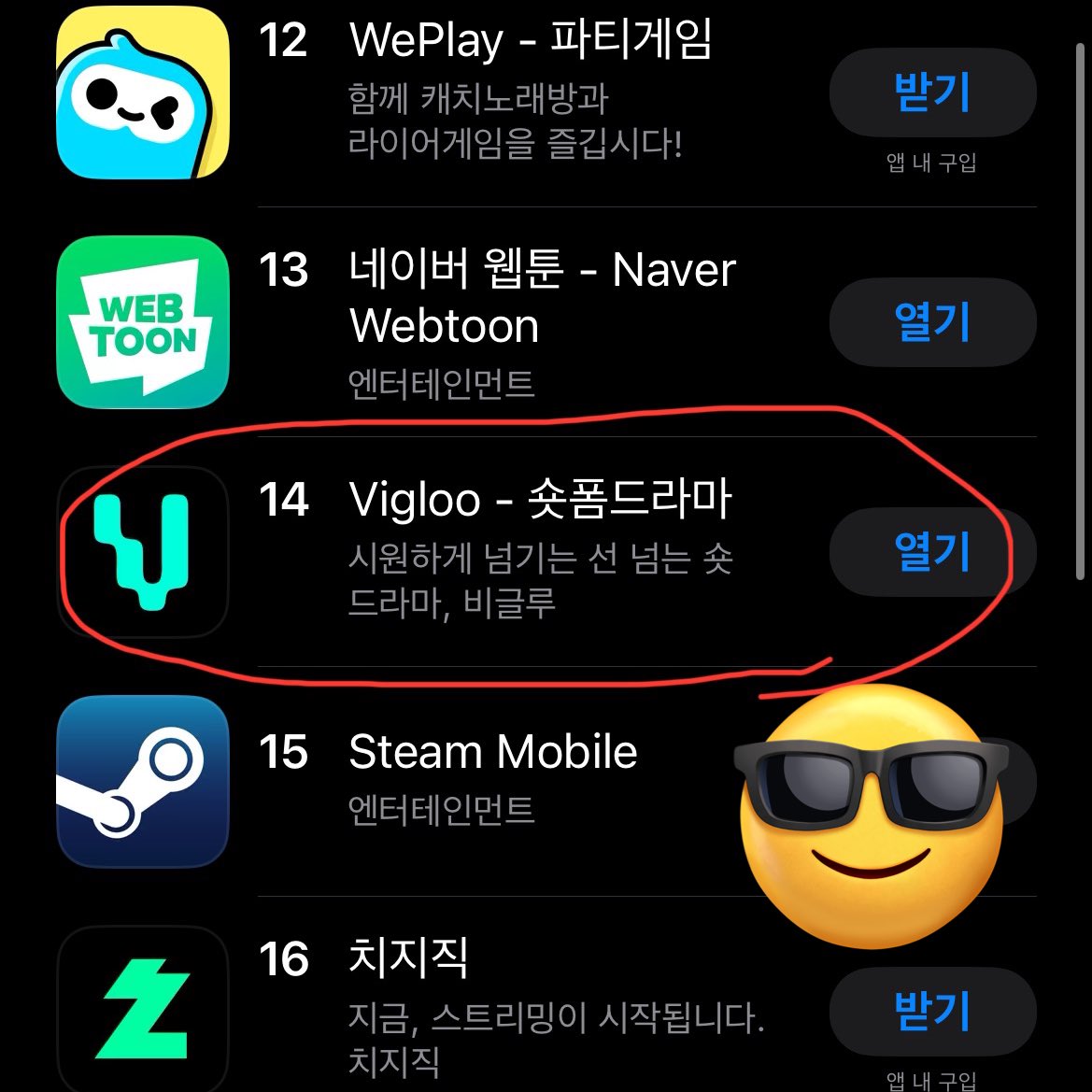 by_emika's tweet photo. 昨日リリースしたショートドラマアプリVigloo初日から韓国のアプリストアランキングで14位🔥🔥🔥🔥
このまま駆け抜ける！！ https://t.co/OxYCyVj7CK