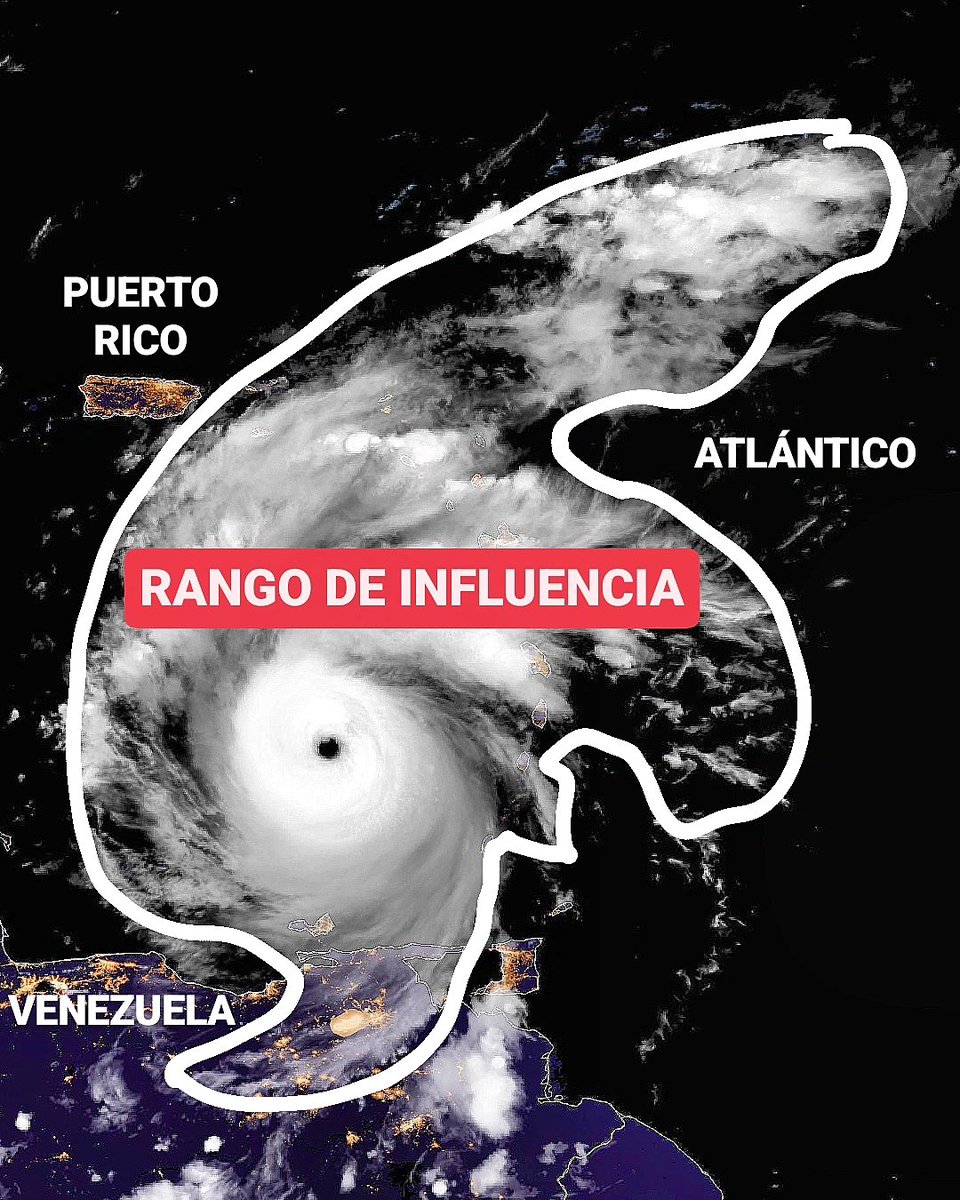 JeanSuriel's tweet photo. 🔴TOMEN NOTA🔴
Ya están llegando a Puerto Rico las primeras ráfagas del Huracán Beryl, mientras algunos fragmentos nubosos ya han alcanzado el este, noreste y sureste de República Dominicana.

➡️Beryl aumentó sus vientos máximos sostenidos hasta 250 km/h: tan solo 1 kilómetro para alcanzar categoría 5.

⚠️Beryl es un huracán tan grande que el extremo sur se encuentra sobre Venezuela y el extremo noreste está dominando el océano Atlántico, al noreste del Caribe.

⚠️Tiene una extensión de aproximadamente 1,700 kilómetros, cubriendo más de la distancia entre Puerto Rico y Venezuela.

⚠️Este alargamiento de Beryl permitirá que la parte norte del fenómeno sea la responsable de los efectos indirectos en el territorio dominicano en las próximas 24 a 36 horas.

🔴No solo el ojo del huracán es peligroso, también las bandas nubosas generan efectos significativos.

🔴¡¡¡NO BAJEMOS LA GUARDIA!!!

✅️ https://t.co/WlQFg16F0S 
➡️ @AgendaClimatica 
▶️ https://t.co/OBEFwktdiu
