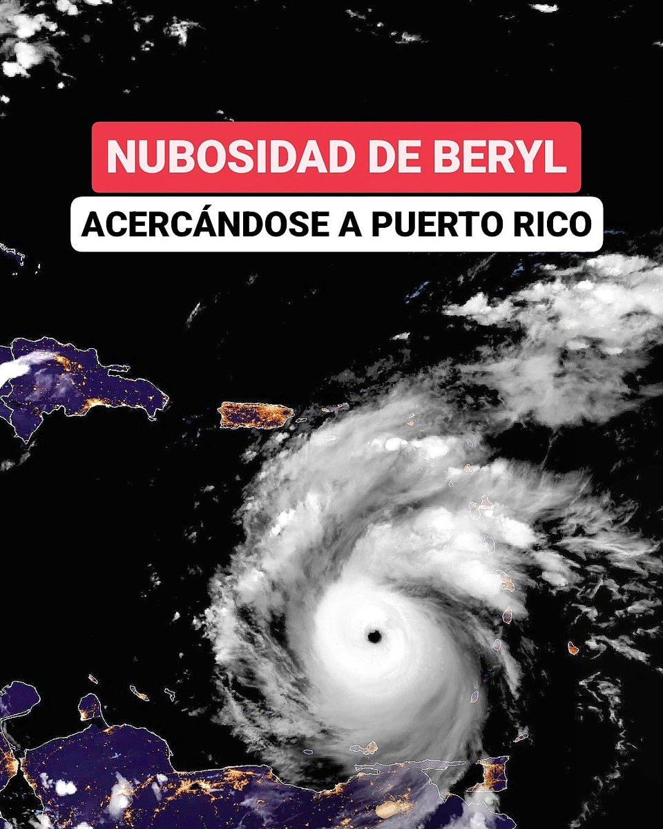 JeanSuriel's tweet photo. 🔴TOMEN NOTA🔴
Ya están llegando a Puerto Rico las primeras ráfagas del Huracán Beryl, mientras algunos fragmentos nubosos ya han alcanzado el este, noreste y sureste de República Dominicana.

➡️Beryl aumentó sus vientos máximos sostenidos hasta 250 km/h: tan solo 1 kilómetro para alcanzar categoría 5.

⚠️Beryl es un huracán tan grande que el extremo sur se encuentra sobre Venezuela y el extremo noreste está dominando el océano Atlántico, al noreste del Caribe.

⚠️Tiene una extensión de aproximadamente 1,700 kilómetros, cubriendo más de la distancia entre Puerto Rico y Venezuela.

⚠️Este alargamiento de Beryl permitirá que la parte norte del fenómeno sea la responsable de los efectos indirectos en el territorio dominicano en las próximas 24 a 36 horas.

🔴No solo el ojo del huracán es peligroso, también las bandas nubosas generan efectos significativos.

🔴¡¡¡NO BAJEMOS LA GUARDIA!!!

✅️ https://t.co/WlQFg16F0S 
➡️ @AgendaClimatica 
▶️ https://t.co/OBEFwktdiu