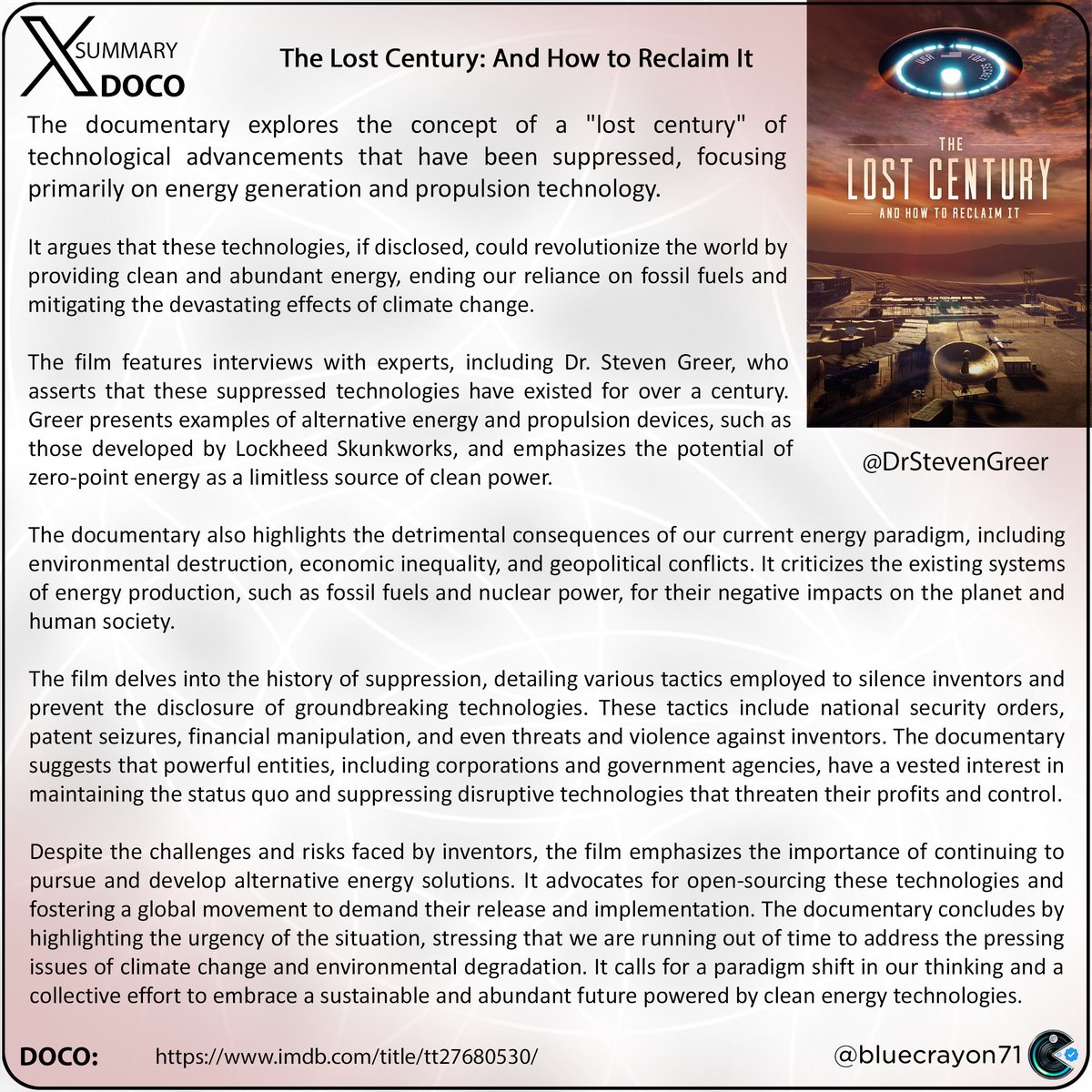 bluecrayon71's tweet photo. The Lost Century: And How to Reclaim It @DrStevenGreer 

Recommended viewing

#ClimateChange #SuppressedTech #FreeEnergy #ZeroPointEnergy #OverUnity #AlternativeEnergy #EnvironmentalDestruction #GeopoliticalConflicts #NationalSecurity #PatentSeizures #OpenSource  #Disclosure https://t.co/Kup1AdXqFn