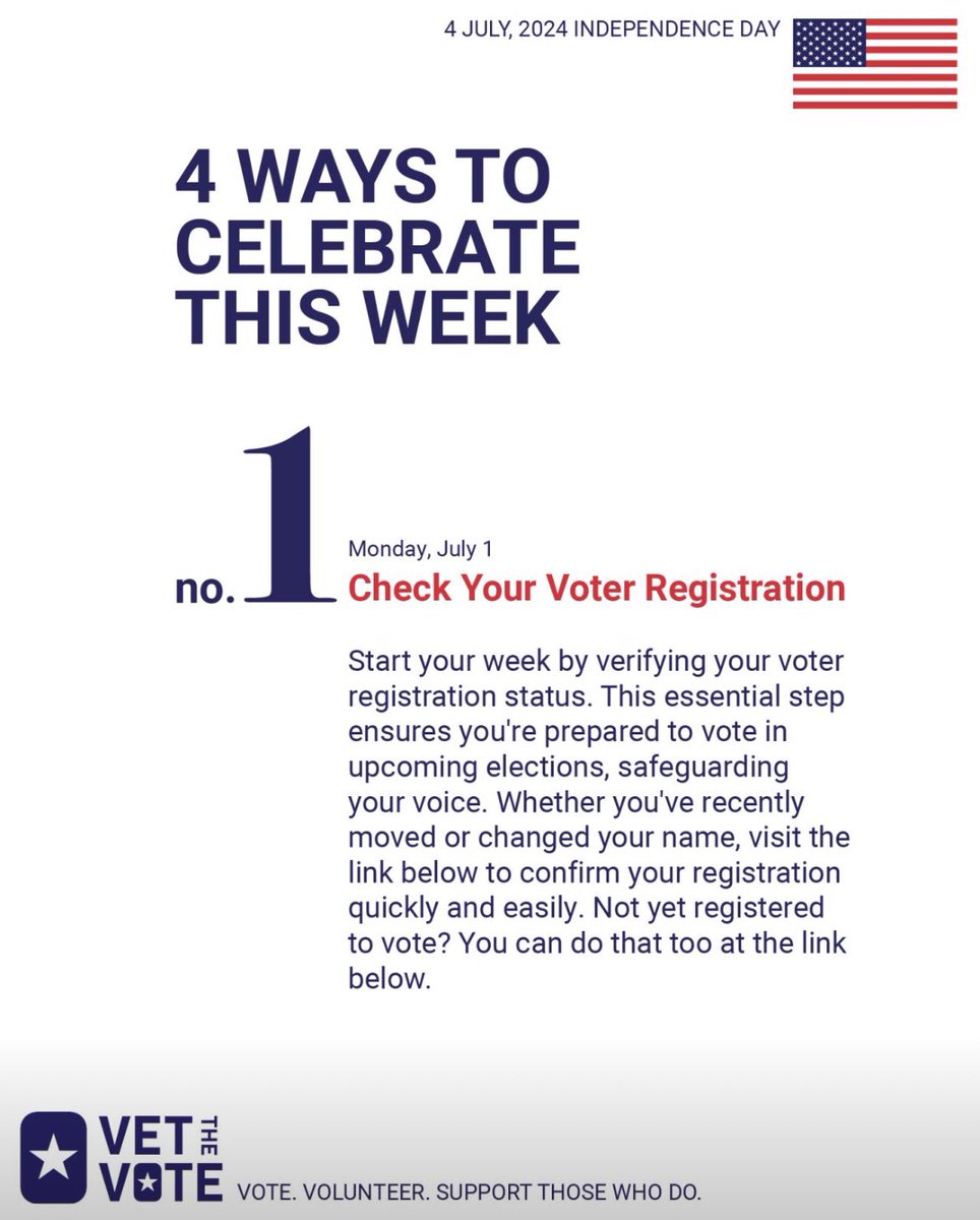 jessicacroza's tweet photo. This Independence Day, @vetthevote invites Veterans to honor our nation through active civic engagement. Here’s your four-day plan leading up to July 4th to celebrate in a more meaningful way.
•
Click the link below to see the whole list RIGHT NOW:

https://t.co/4AfavR6y2B
•
Vet the Vote is a national campaign to register veterans and military family members (VMF) to vote and recruit them to serve as poll workers. The VtV coalition is composed of VMF service and engagement organizations and our partners, including the NFL.
-
Since 2022, VtV has recruited more than 130,000 VMF to work the polls.
-
Learn more at https://t.co/KDRnK46P43
•
•
•
#VETtheVOTE #pollworkers #vote #veterans #independenceday #4thofJuly
