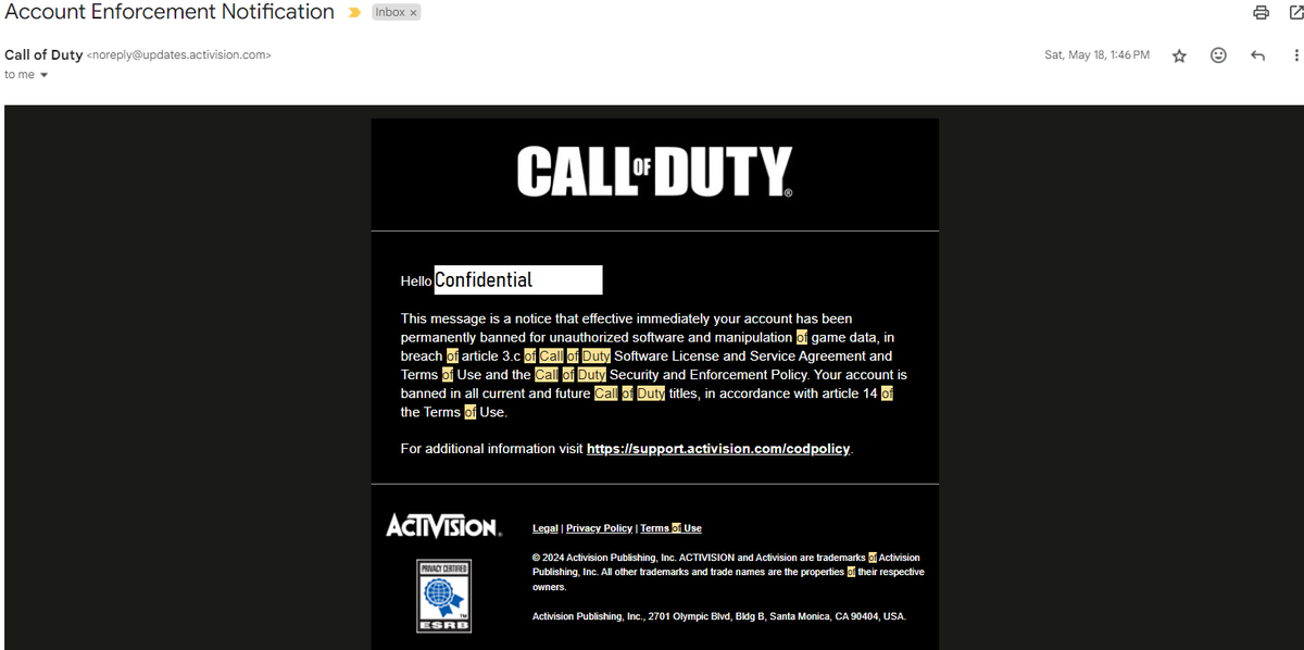 MelloXCV's tweet photo. Hello @CallofDuty 

TLDR: Please unban me, another person linked my account to theirs and wrongfully got MY account banned.

A little over a month ago, I got an email from Activision saying that my account was taken over and Linked to a Battlenet account that I didn't own (pt 1) https://t.co/zXUljzTZgA