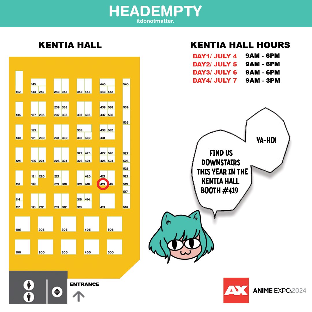 heademptybot's tweet photo. Ya-hล! ๏ผผ(^o^)๏ผhereโs our #AnimeExpo 2024 Catalog! As a reminder we will be downstairs in the #KentiaHall booth number 419!
(1/2)
#ax2024 #ax #artistalley #exhibithall https://t.co/EXP70DY02O